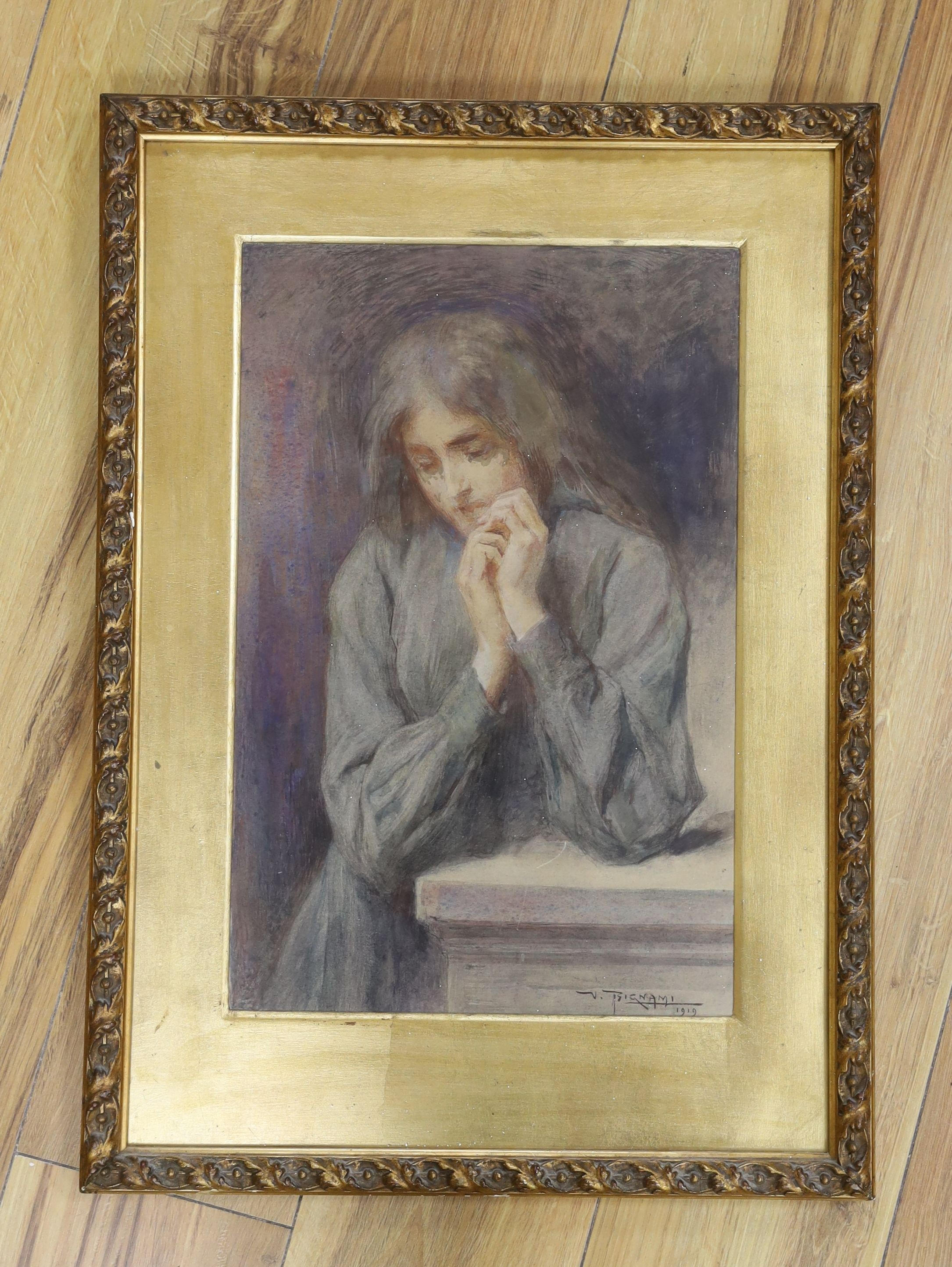 Vespasiano Bignami (Italian, 1841-1929), watercolour, 'Umilta', signed and dated 1919, label verso, 43 x 28cm